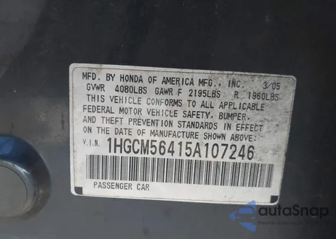 2005 Honda Accord 2.4 Lx from USA, damaged, VIN 1HGCM56415A107246